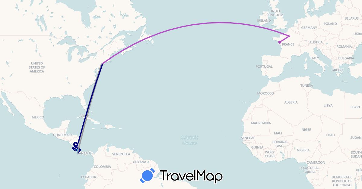 TravelMap itinerary: driving, plane, train, boat in Costa Rica, France, United States (Europe, North America)